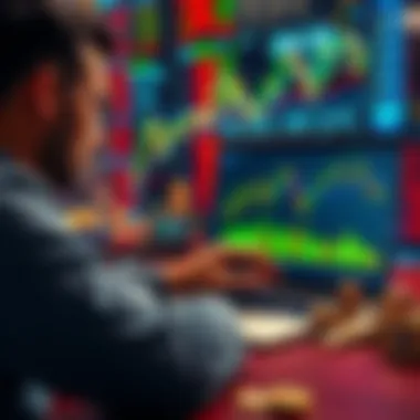 A person looking at stock charts on a laptop, with crypto coins on the table and stock market symbols in the background.