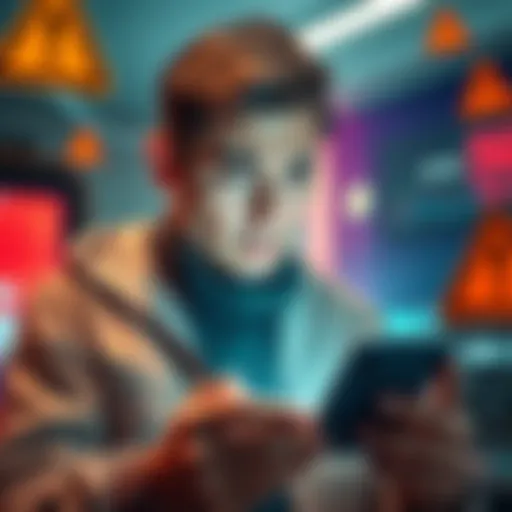 A person looking worried while checking a digital wallet on a smartphone, with warning symbols around.