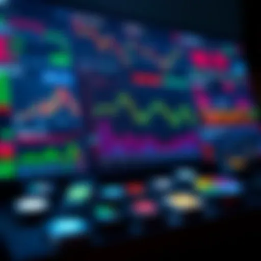 A group of charts and graphs showing different cryptocurrency prices and market data on a digital screen, with various app icons around it for different tracking platforms.