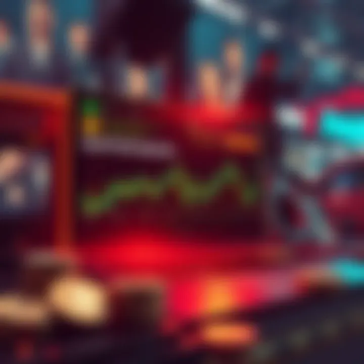 A digital display showing the $LAPTOP/USD trade pair with fluctuating prices and a graph indicating market volatility, surrounded by crypto coins and celebrity images.