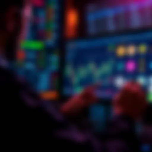 A trader looking at a digital graph displaying cryptocurrency values, with various altcoin logos visible on the screen.