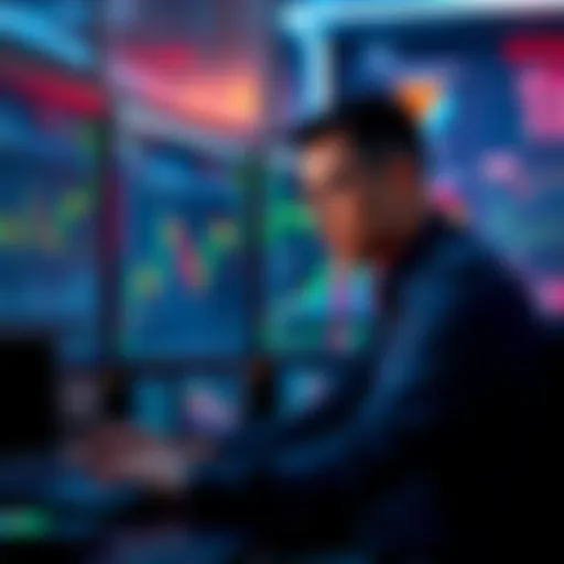 A focused trader analyzing cryptocurrency trends on multiple screens with charts and graphs in the background.