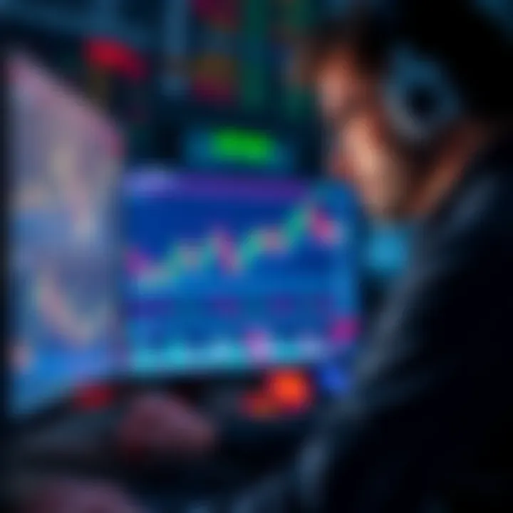 A crypto trader looking at charts and graphs on a computer screen reflecting gains and losses in cryptocurrency trading.