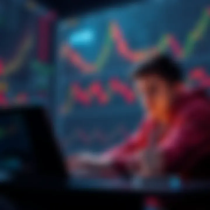 A cryptocurrency holder looks worried while checking their portfolio on a laptop, surrounded by charts showing declining market trends.