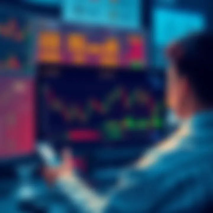 Illustration of a crypto trader setting limit sell orders on a screen A crypto trader using a computer to set limit sell orders, showing charts and market prices