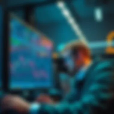 A focused trader looks at multiple screens showing cryptocurrency charts and data