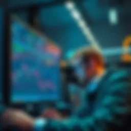 Crypto trader analyzing market trends A focused trader looks at multiple screens showing cryptocurrency charts and data