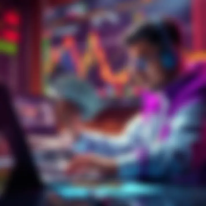 A crypto trader counting cash while looking at charts on a laptop, symbolizing profit-taking in cryptocurrency trading