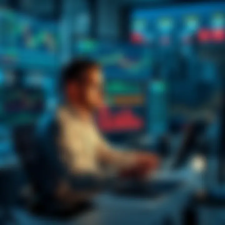 Trader analyzing crypto tax options A high volume crypto trader sitting at a desk, surrounded by multiple screens displaying graphs and tax documents, looking concerned about tax preparation.