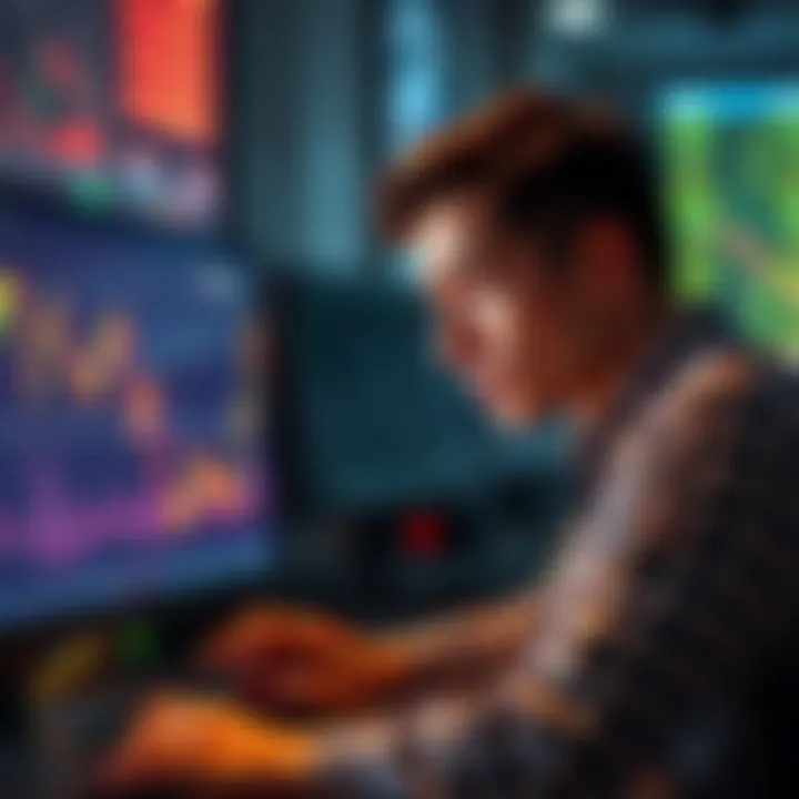 A trader anxiously watching a falling cryptocurrency graph on a computer screen, symbolizing panic selling.