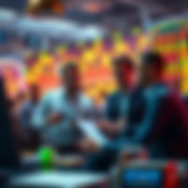 A group of traders analyzing charts and discussing the future of altcoins in a lively setting.