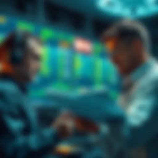 Traders looking at charts and documents, discussing potential lawsuits after market crash