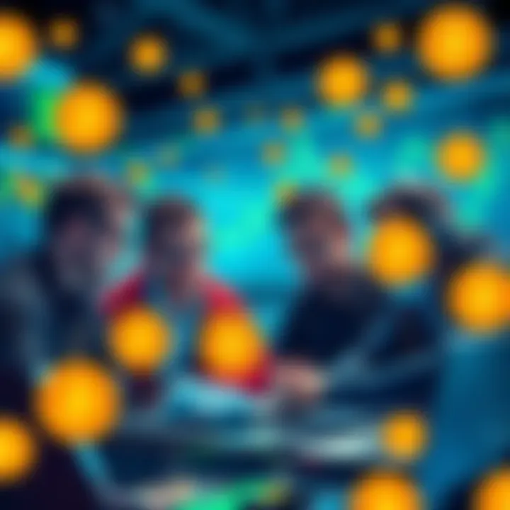 A group of crypto traders discussing high-yield investments while looking worried about potential hacks, surrounded by digital currency symbols.