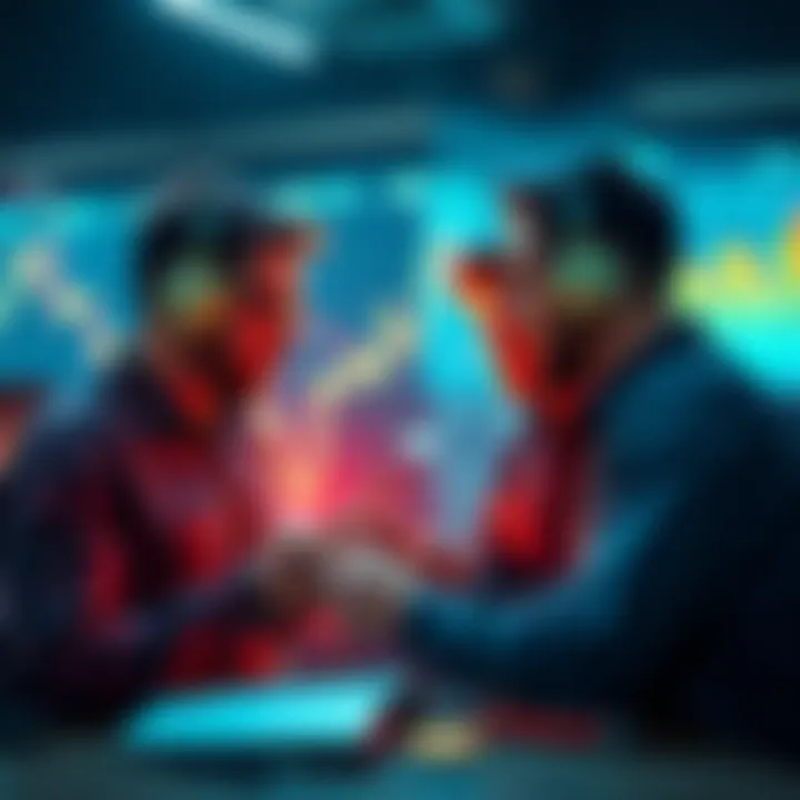 Cryptocurrency Traders Sharing Tips Experienced cryptocurrency traders discussing strategies and tips with charts and graphs in the background