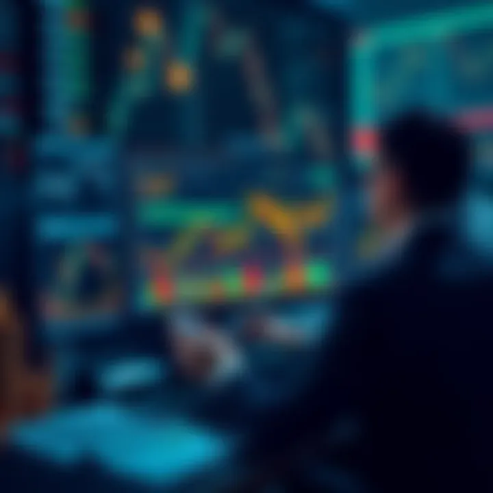 A person analyzing cryptocurrency charts on a computer, surrounded by digital currency symbols and regulatory documents.