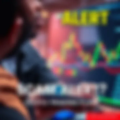 A concerned person warns another about potential crypto trading scams, showing a phone with a trading app and financial charts in the background.