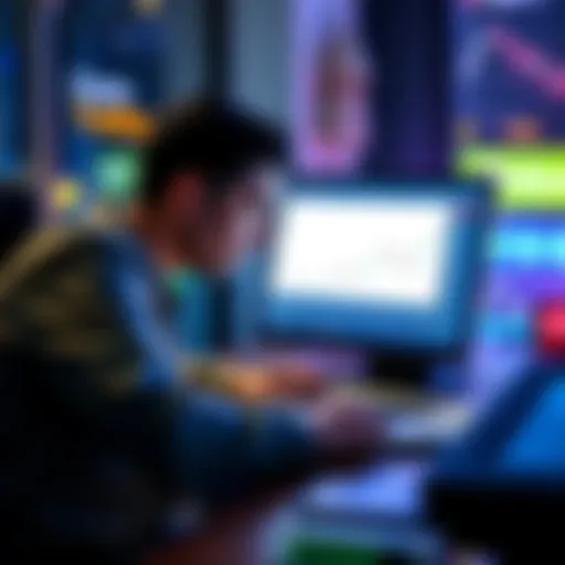 Crypto Trading App Launch A solo founder looking at a laptop with a blank screen showing no active users on a crypto trading app, expressing concern and seeking advice.