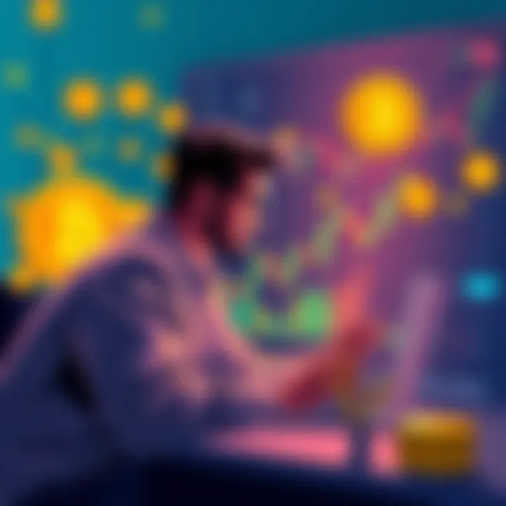 Crypto Trading Basics An illustration of a person analyzing cryptocurrency charts and graphs on a laptop, surrounded by currency symbols.