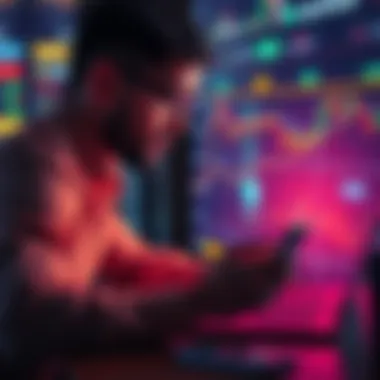 A person looking at graphs and charts on a laptop, contemplating crypto trading options while holding a smartphone.