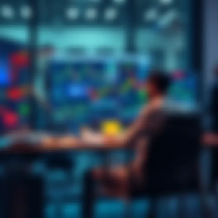A person at a desk analyzing crypto charts while balancing work tasks