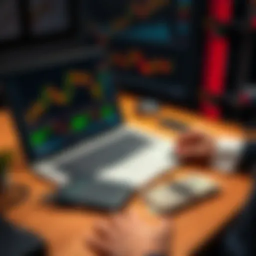 A person analyzing crypto charts on a laptop with a calculator and cash on the table, representing the capital needed for trading.