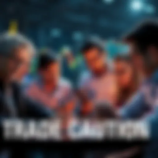 A group of people discussing cryptocurrency trading strategies, looking at charts on laptops and phones with expressions of focus and caution.