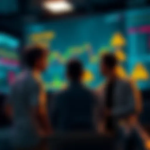 Crypto Trading Caution A group of people discussing cryptocurrency trading strategies, with cautionary charts and warning signs visible on a screen.