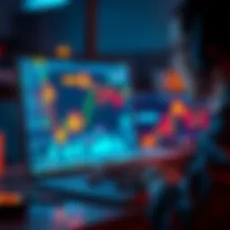 A person looking at cryptocurrency charts on a laptop with warning symbols around them, portraying caution in trading.