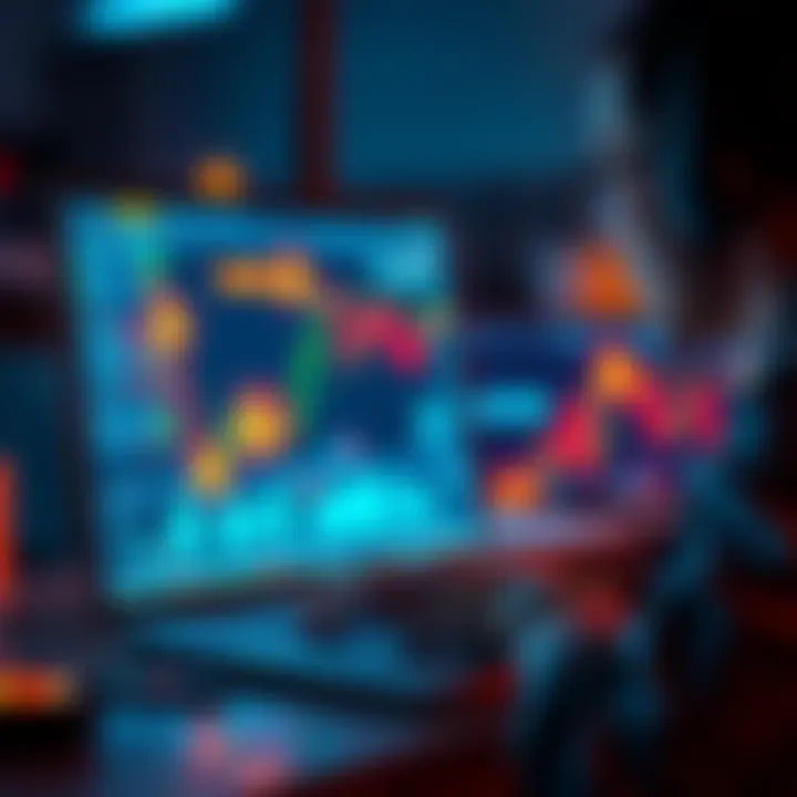 A person looking at cryptocurrency charts on a laptop with warning symbols around them, portraying caution in trading.