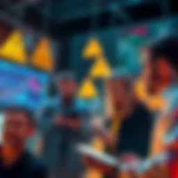 A group of people engaged in a discussion about cryptocurrency trading, showing charts and devices, with warning signs in the background.