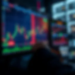 Crypto Trading Chart A trader analyzing a crypto trading chart on a computer screen with buy and sell indicators visible.