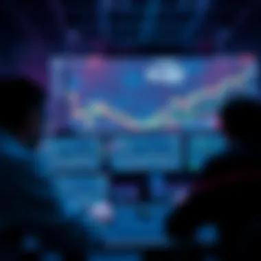 A group of people participating in a virtual crypto trading competition on the darkweb, with screens showing trading charts and digital wallets.