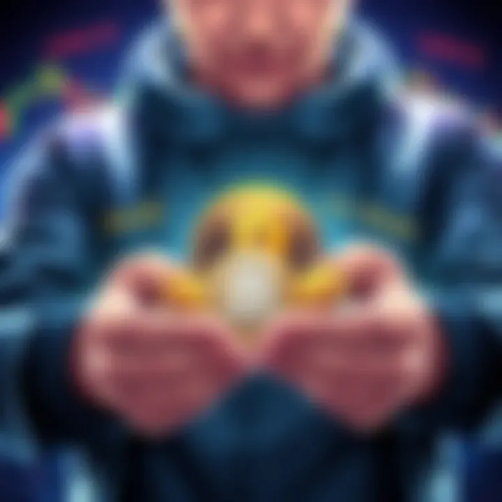 Crypto Trading Concepts Illustration showing a person holding cryptocurrency coins with 'Hodl' and 'Jit Mode' text around them