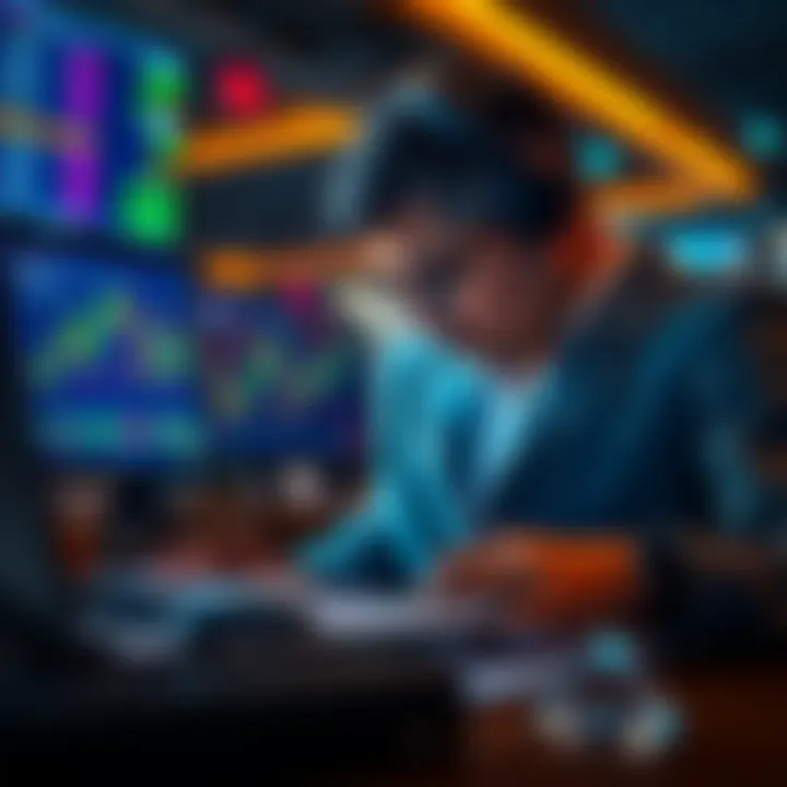 A worried trader looking at cryptocurrency charts with a laptop showing rising fees and regulations in the background.