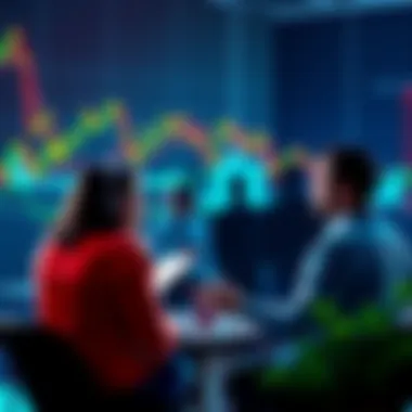 People discussing cryptocurrency trading strategies with charts and graphs in the background