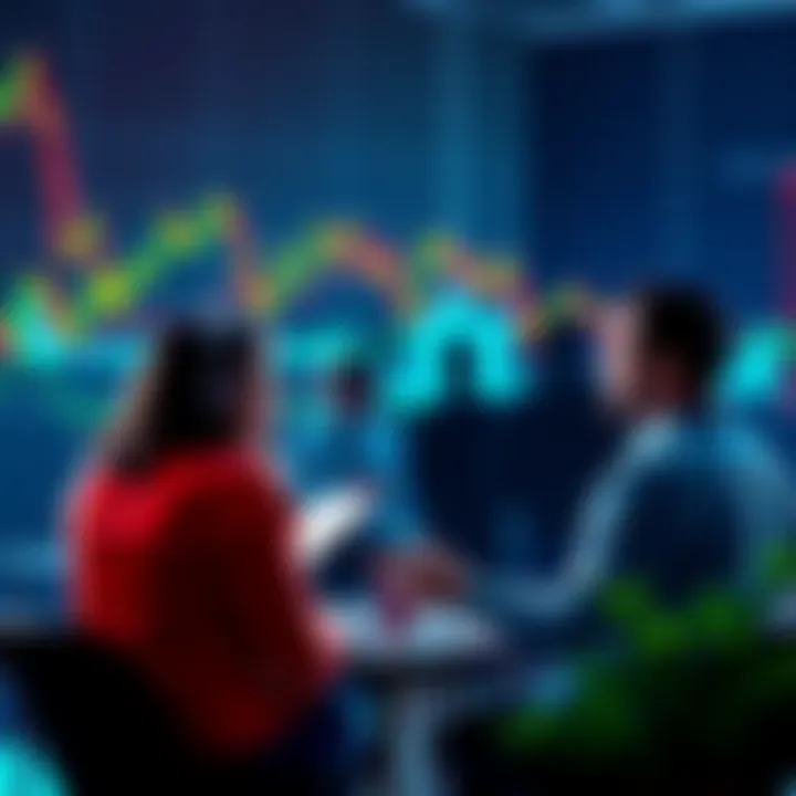 People discussing cryptocurrency trading strategies with charts and graphs in the background