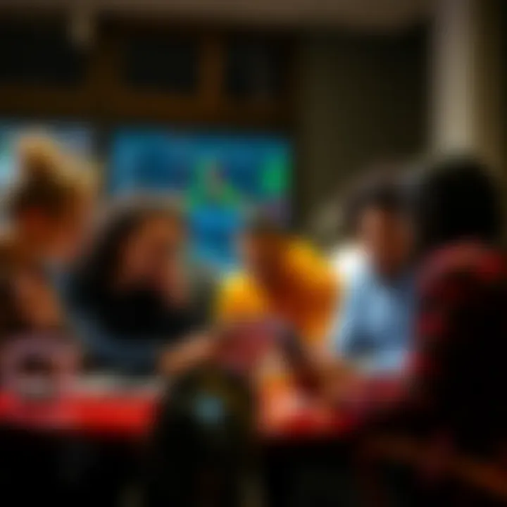 A group of diverse people engaged in a discussion about cryptocurrency trading, sharing tips and cautionary advice, with laptops and phones visible.
