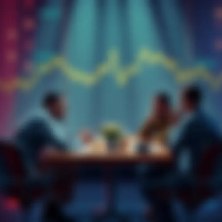 A group of people discussing cryptocurrency trends and tips at a table