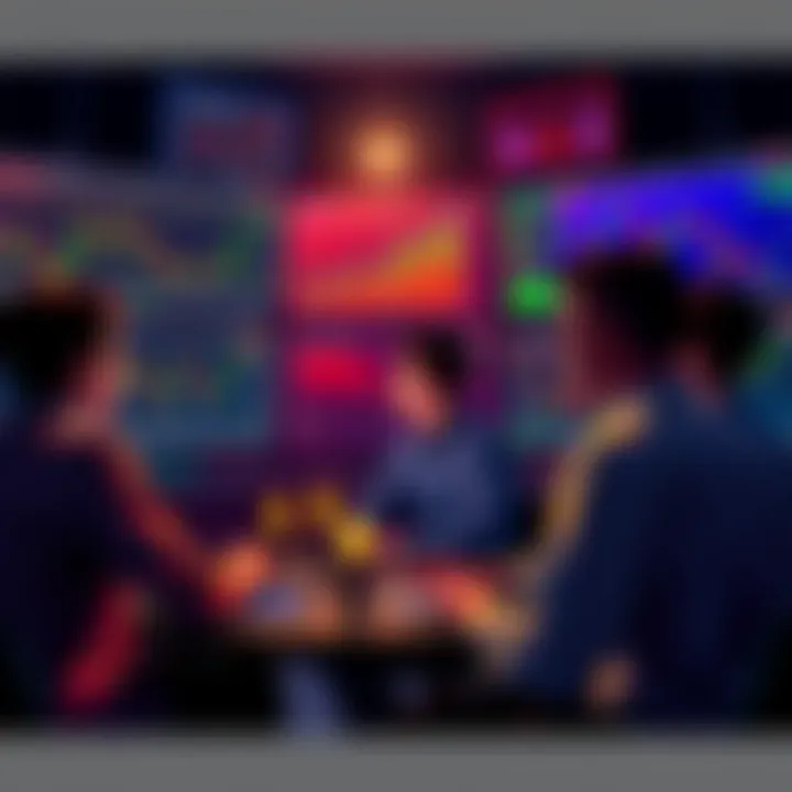 A group of people engaging in a lively discussion about cryptocurrency trading with charts and graphs displayed on screens