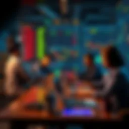 A group of people discussing cryptocurrency trading strategies at a table with laptops and charts