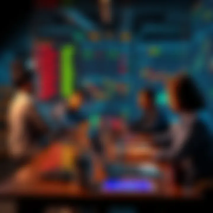 A group of people discussing cryptocurrency trading strategies at a table with laptops and charts