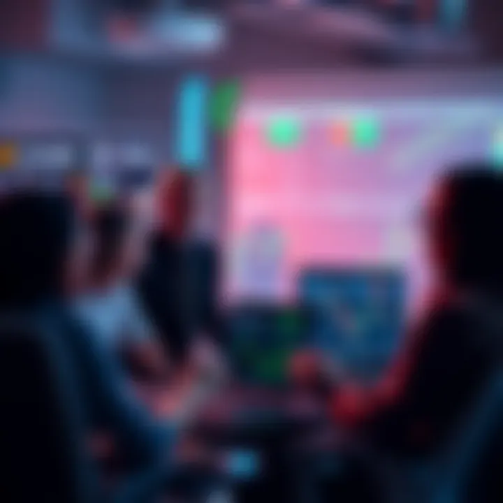 A group of people engaging in a lively discussion about cryptocurrency trading with charts and laptops in front of them.