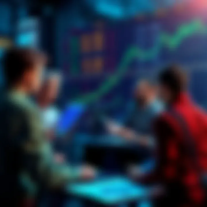 Group of people discussing cryptocurrency trends with charts and graphs