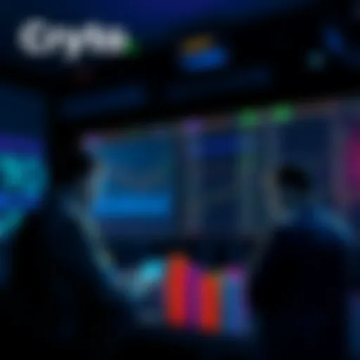 A group of people discussing cryptocurrency trading strategies with charts and graphs on display.