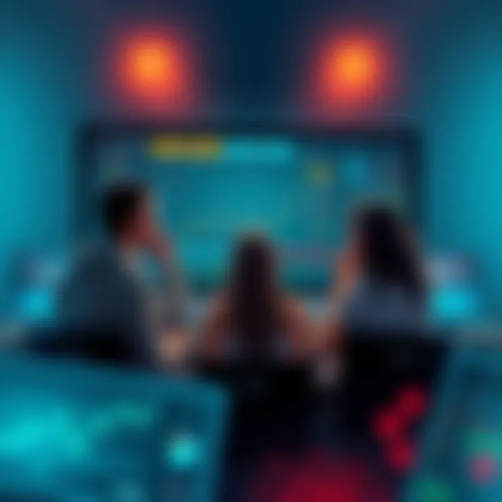 A group of people discussing cryptocurrency trading with charts and safety tips on a screen.