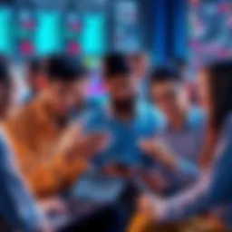 Group of people engaged in a discussion about cryptocurrency trading, exchanging tips and warnings while using laptops and smartphones.