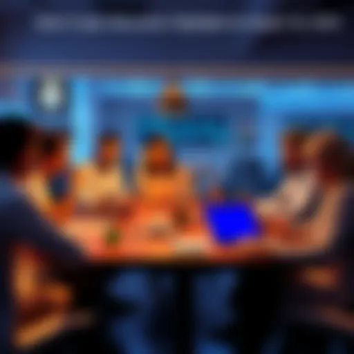 A group of people discussing cryptocurrency trading safely at a table with laptops and notepads.