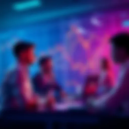 People engaging in a conversation about cryptocurrency trading and investment tips, with charts and graphs in the background.