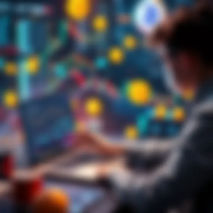 A person using a laptop to trade cryptocurrency with EazyBot, surrounded by digital graphics of coins and charts, symbolizing automation in trading.