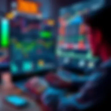 A person studying crypto trading charts on a laptop, with graphs and digital coins on the screen, representing safe trading practices.